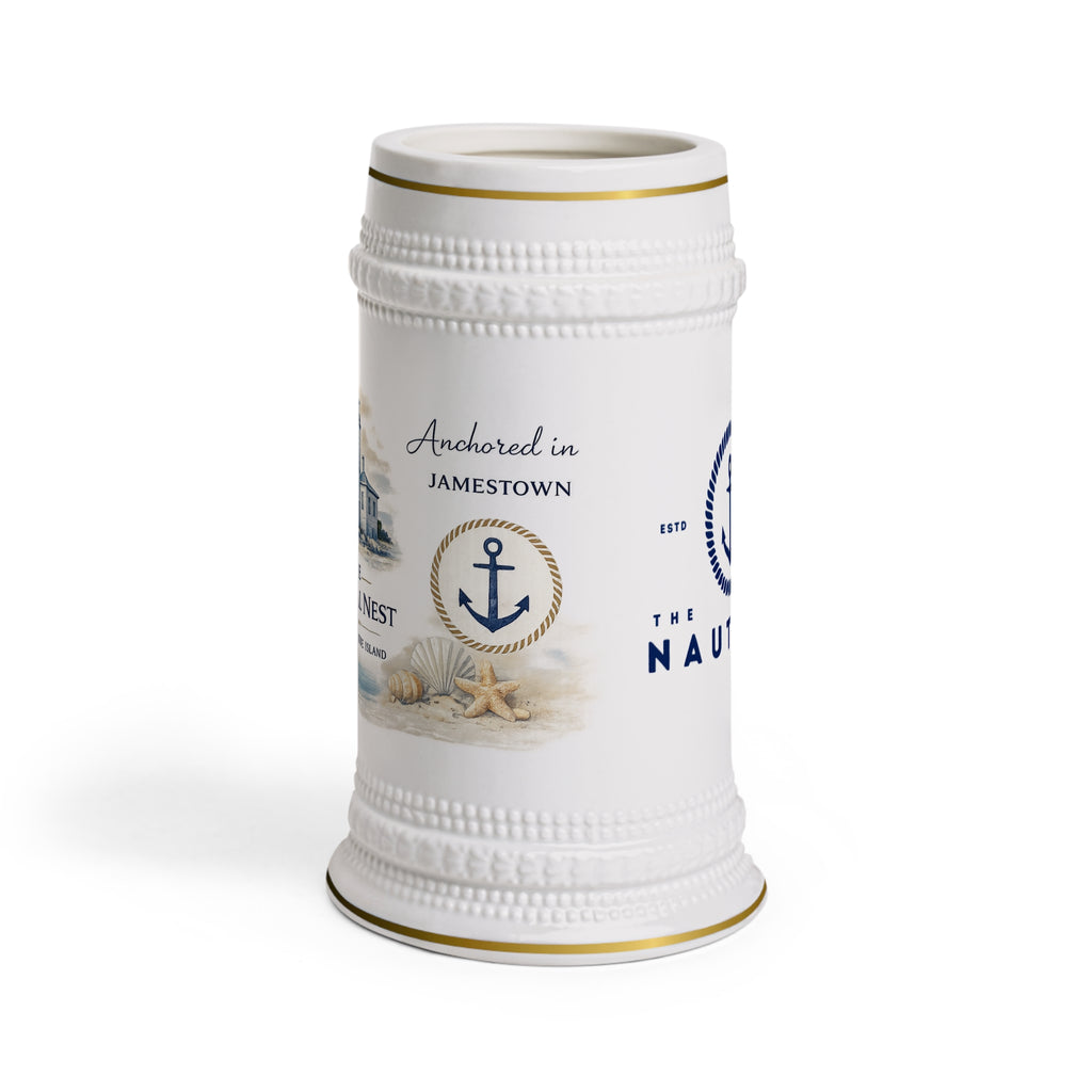 Nautical Lighthouse Beer Stein Mug — 'Anchored in Jamestown' Ceramic Pint