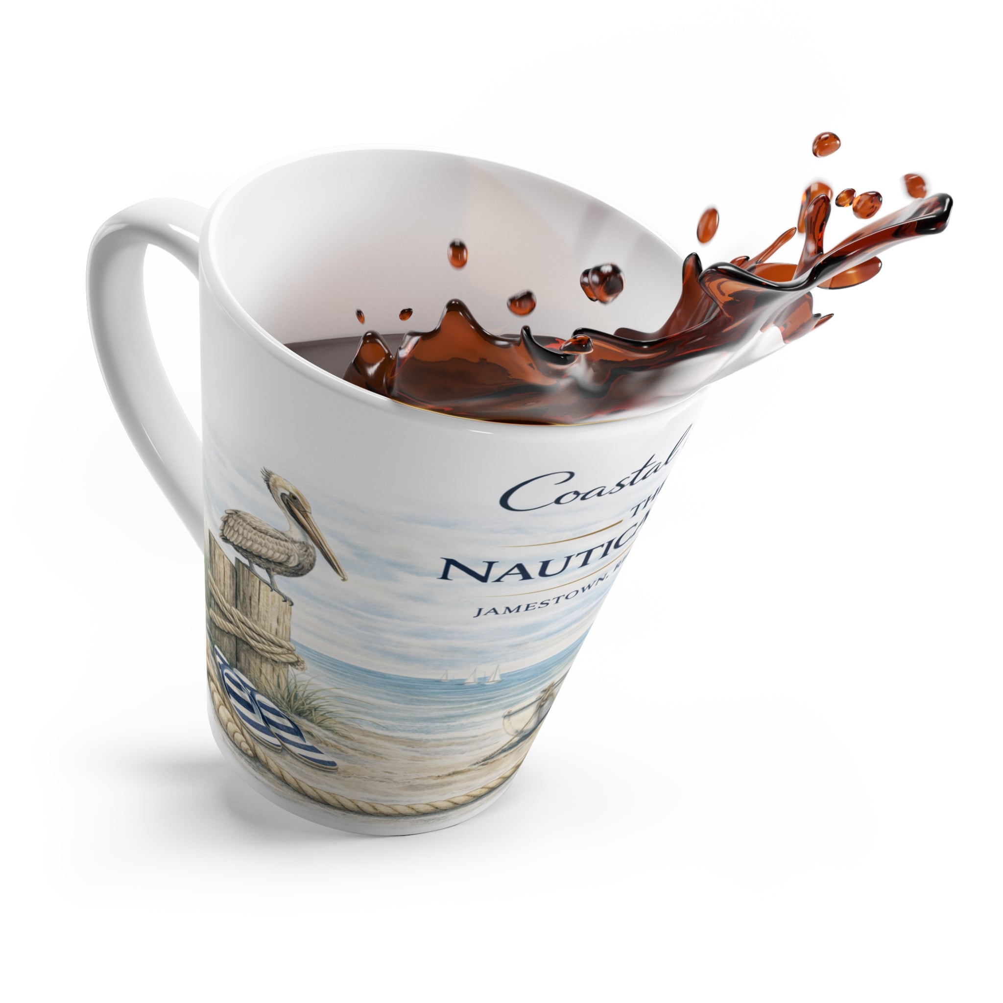 Latte Mug - Coastal Escape "The Nautical Nest" Beach Scene Coffee Cup (Jamestown, Rhode Island)
