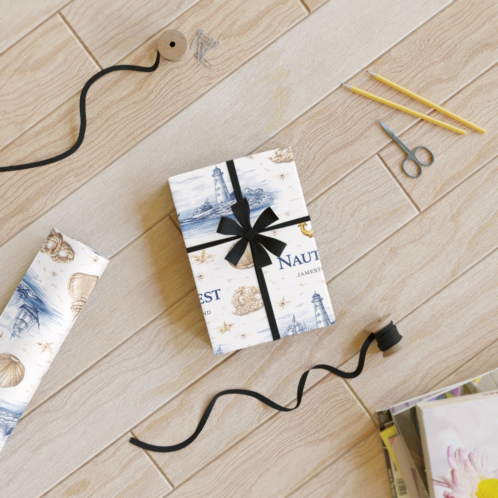 Nautical Gift Wrap Roll — Lighthouse & Seashell Wrapping Paper