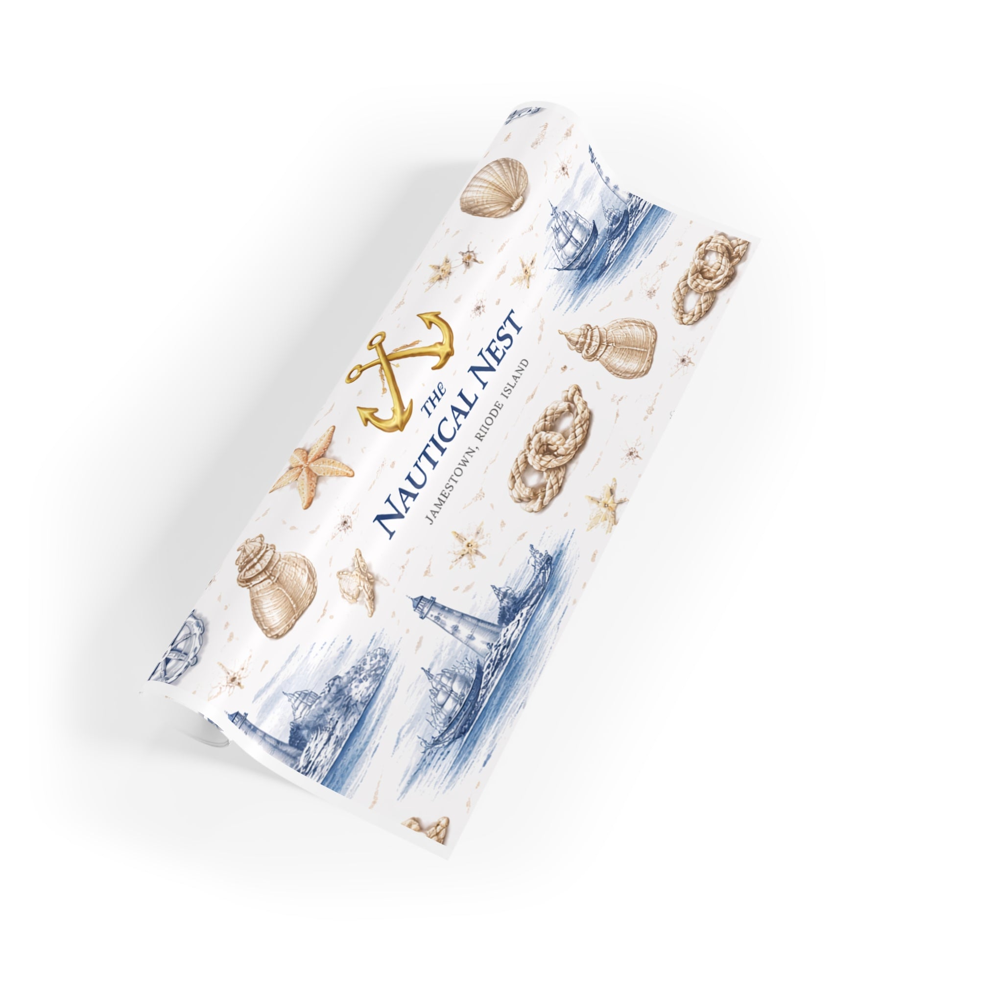 Nautical Gift Wrap Roll — Lighthouse & Seashell Wrapping Paper