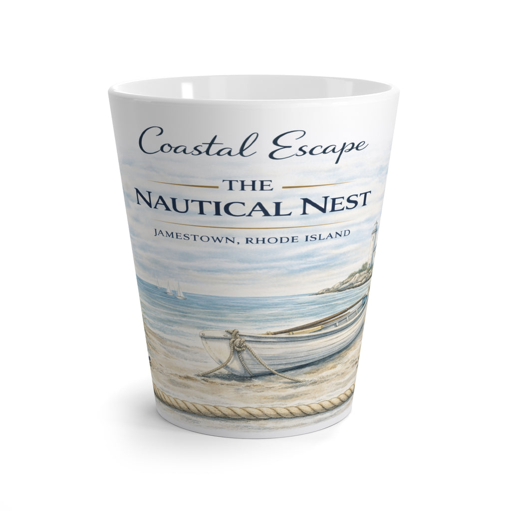 Latte Mug - Coastal Escape "The Nautical Nest" Beach Scene Coffee Cup (Jamestown, Rhode Island)