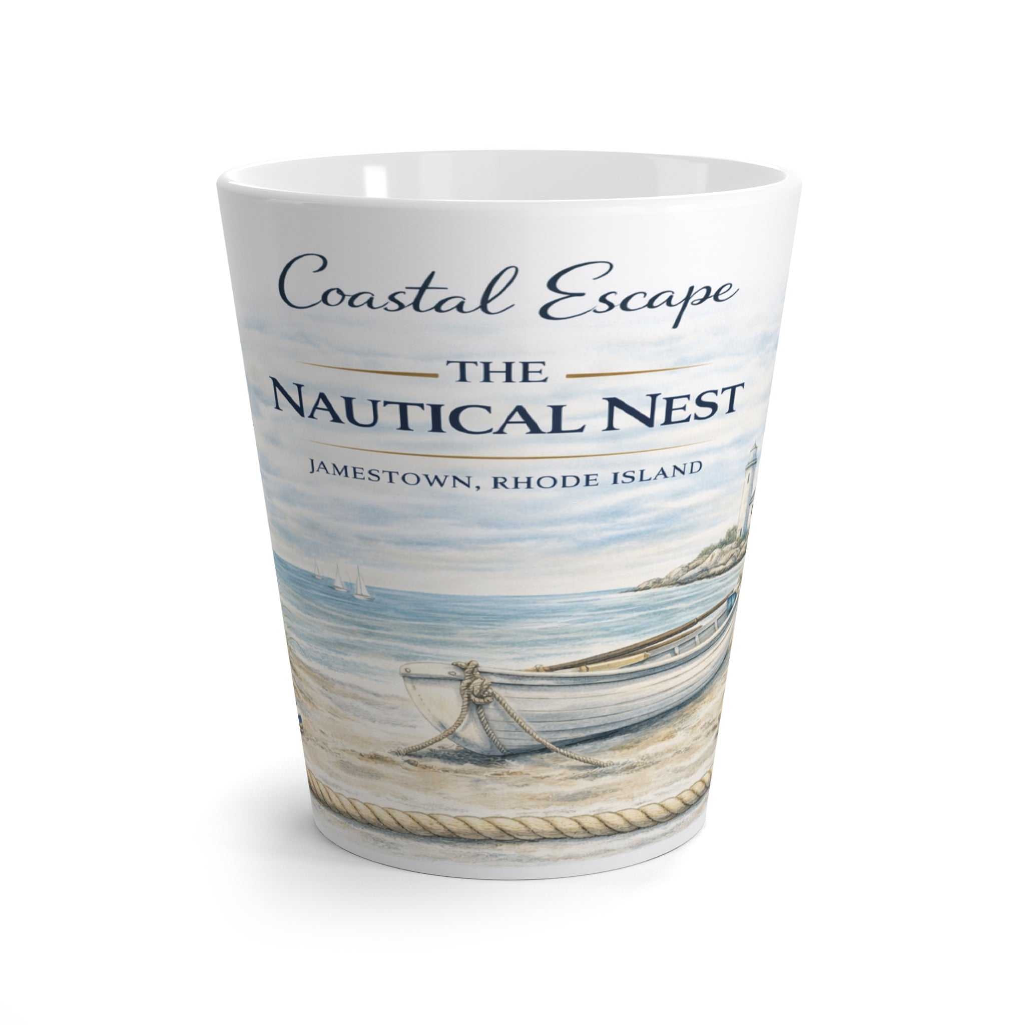 Latte Mug - Coastal Escape "The Nautical Nest" Beach Scene Coffee Cup (Jamestown, Rhode Island)