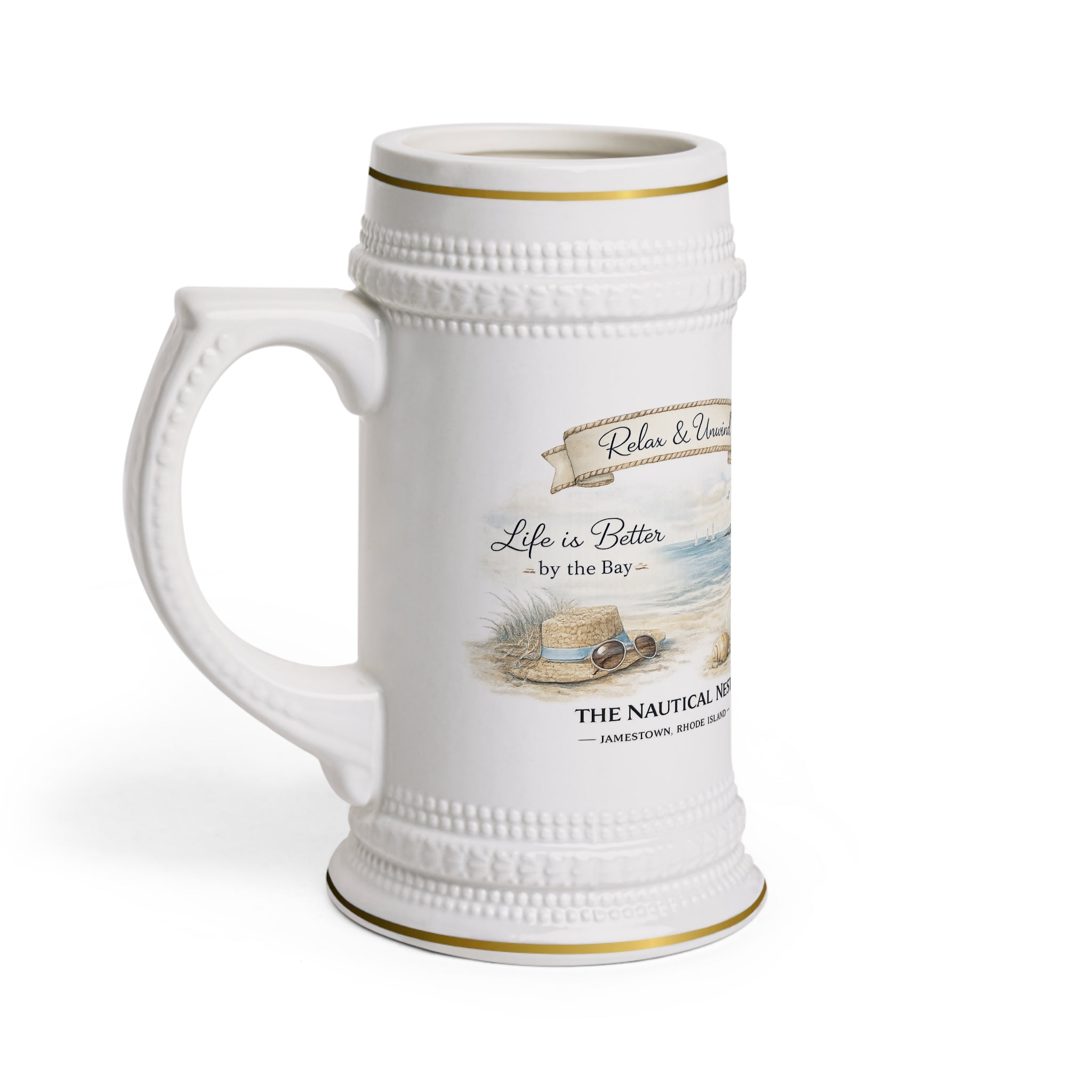 Nautical Beer Stein Mug – “Life is Better by the Bay” Coastal Ceramic Stein