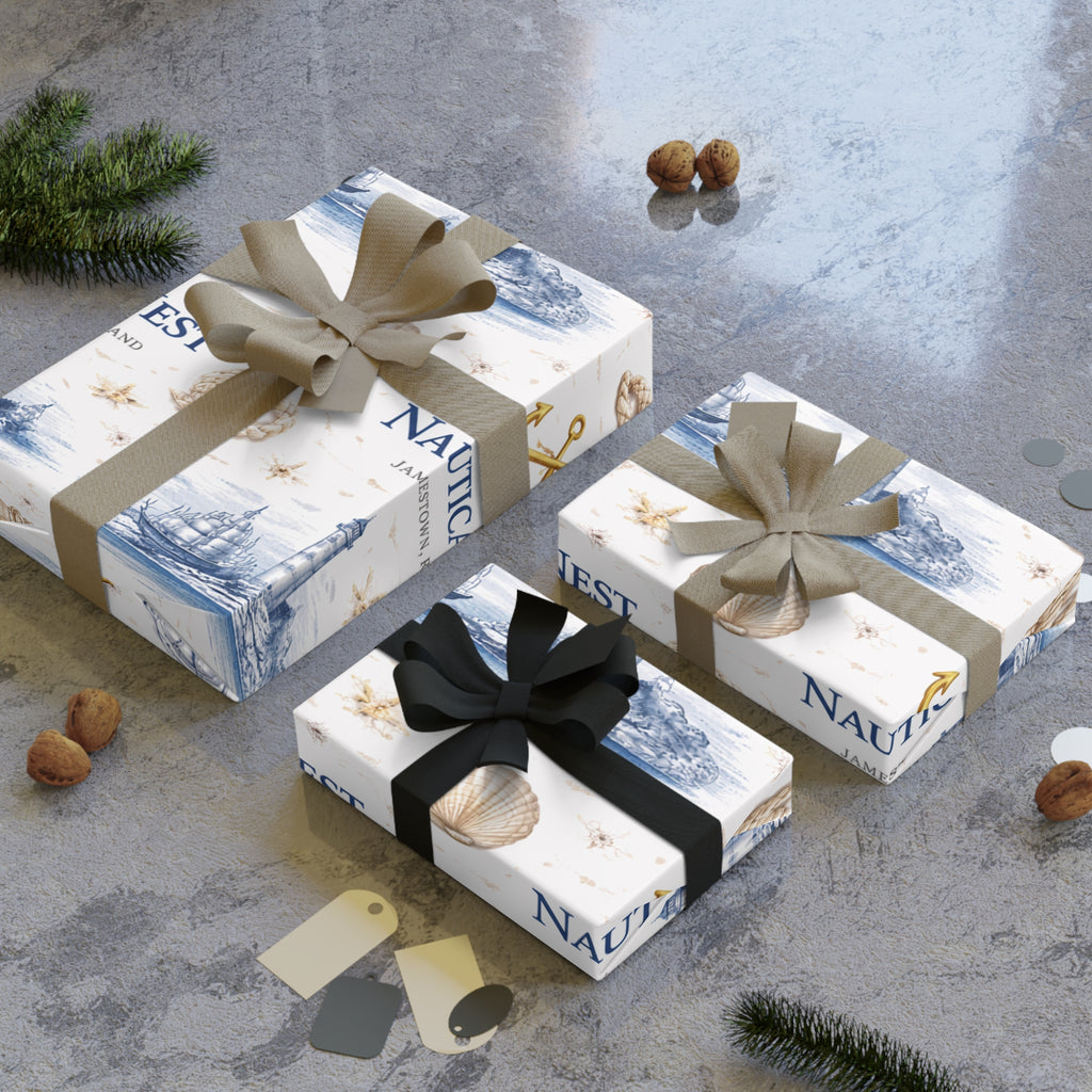 Nautical Gift Wrap Roll — Lighthouse & Seashell Wrapping Paper