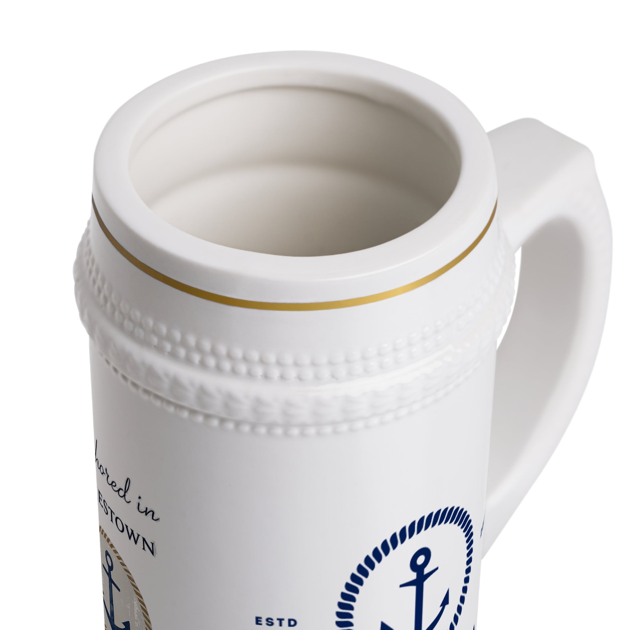 Nautical Lighthouse Beer Stein Mug — 'Anchored in Jamestown' Ceramic Pint