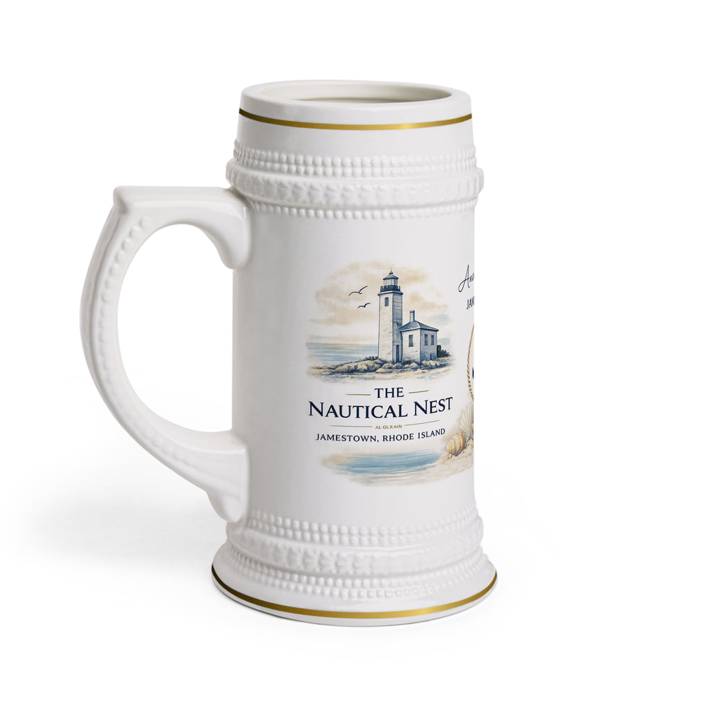 Nautical Lighthouse Beer Stein Mug — 'Anchored in Jamestown' Ceramic Pint