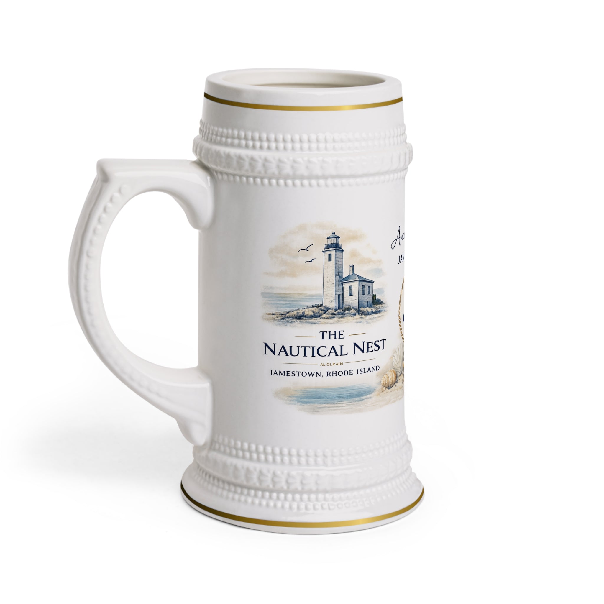 Nautical Lighthouse Beer Stein Mug — 'Anchored in Jamestown' Ceramic Pint