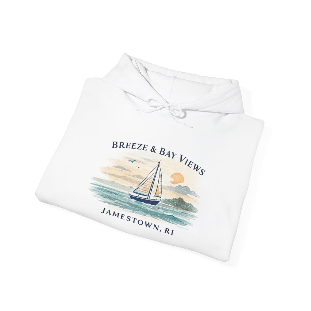 Jamestown RI Sailboat Hoodie — "Breeze & Bay Views" Coastal Crew Sweatshirt