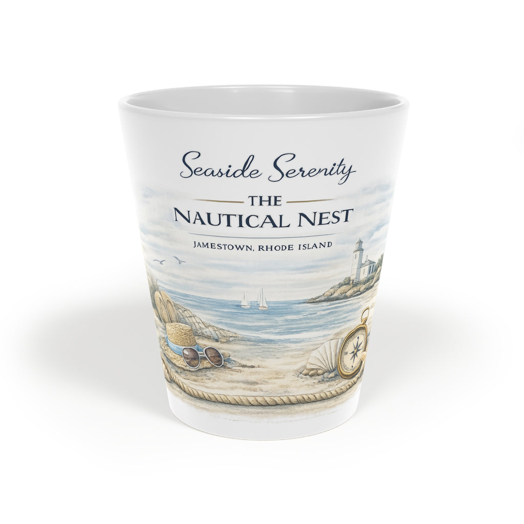 Seaside Serenity Nautical Latte Mug — 12oz Coastal Coffee Cup (Jamestown, Rhode Island)