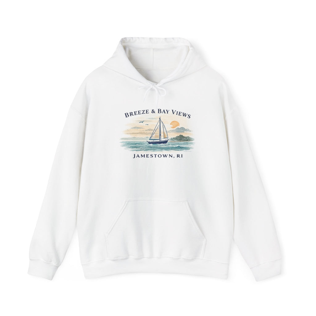 Jamestown RI Sailboat Hoodie — "Breeze & Bay Views" Coastal Crew Sweatshirt