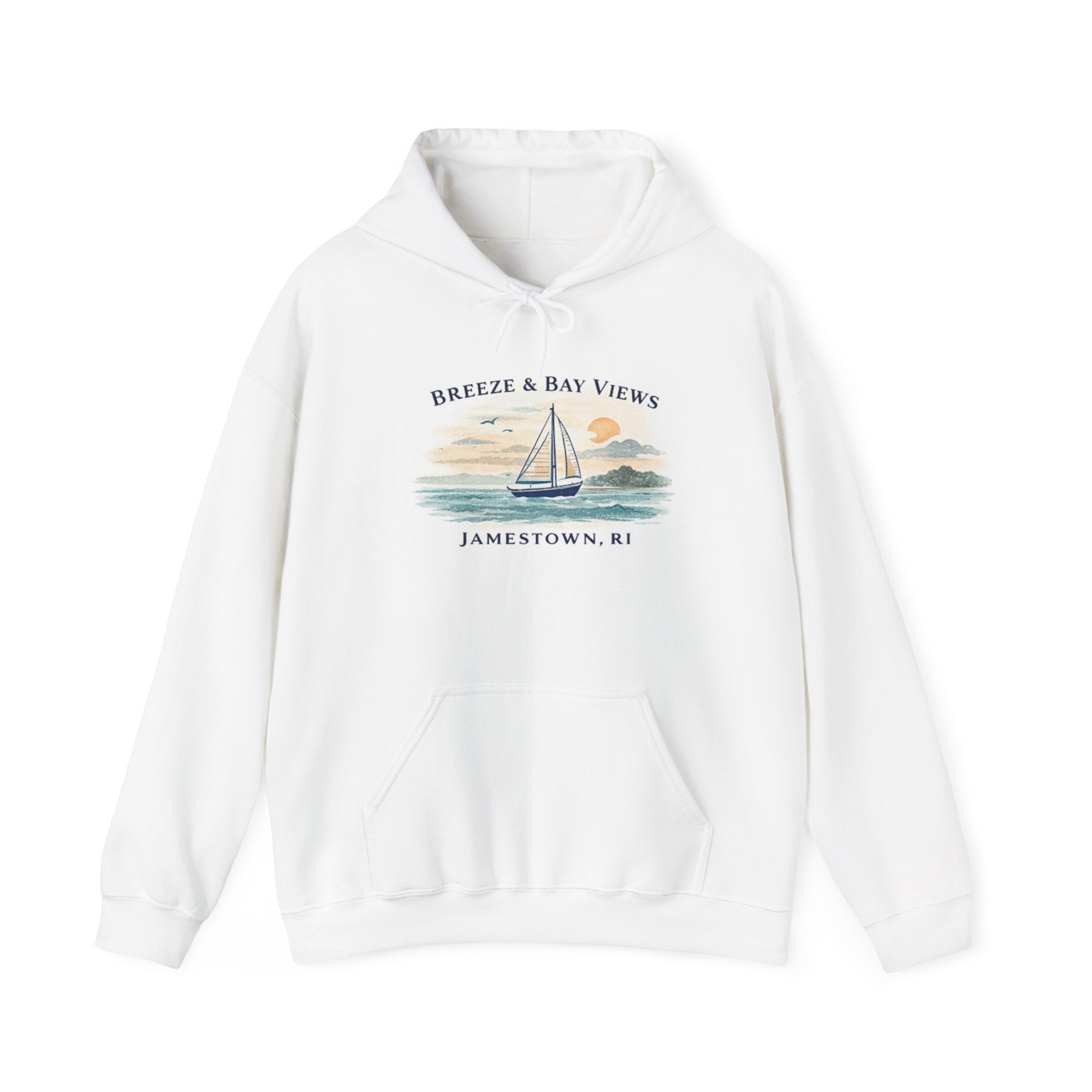 Jamestown RI Sailboat Hoodie — "Breeze & Bay Views" Coastal Crew Sweatshirt