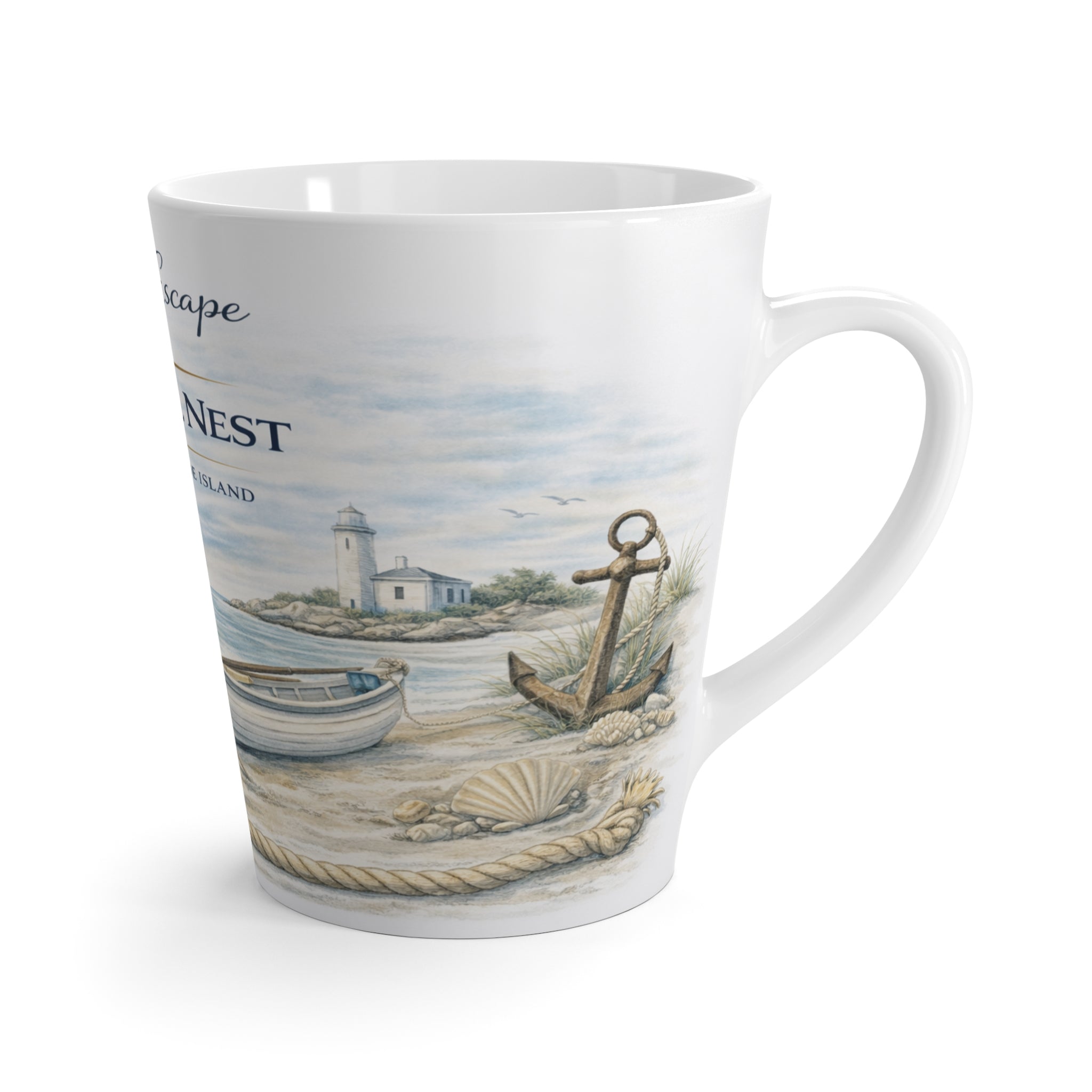 Latte Mug - Coastal Escape "The Nautical Nest" Beach Scene Coffee Cup (Jamestown, Rhode Island)