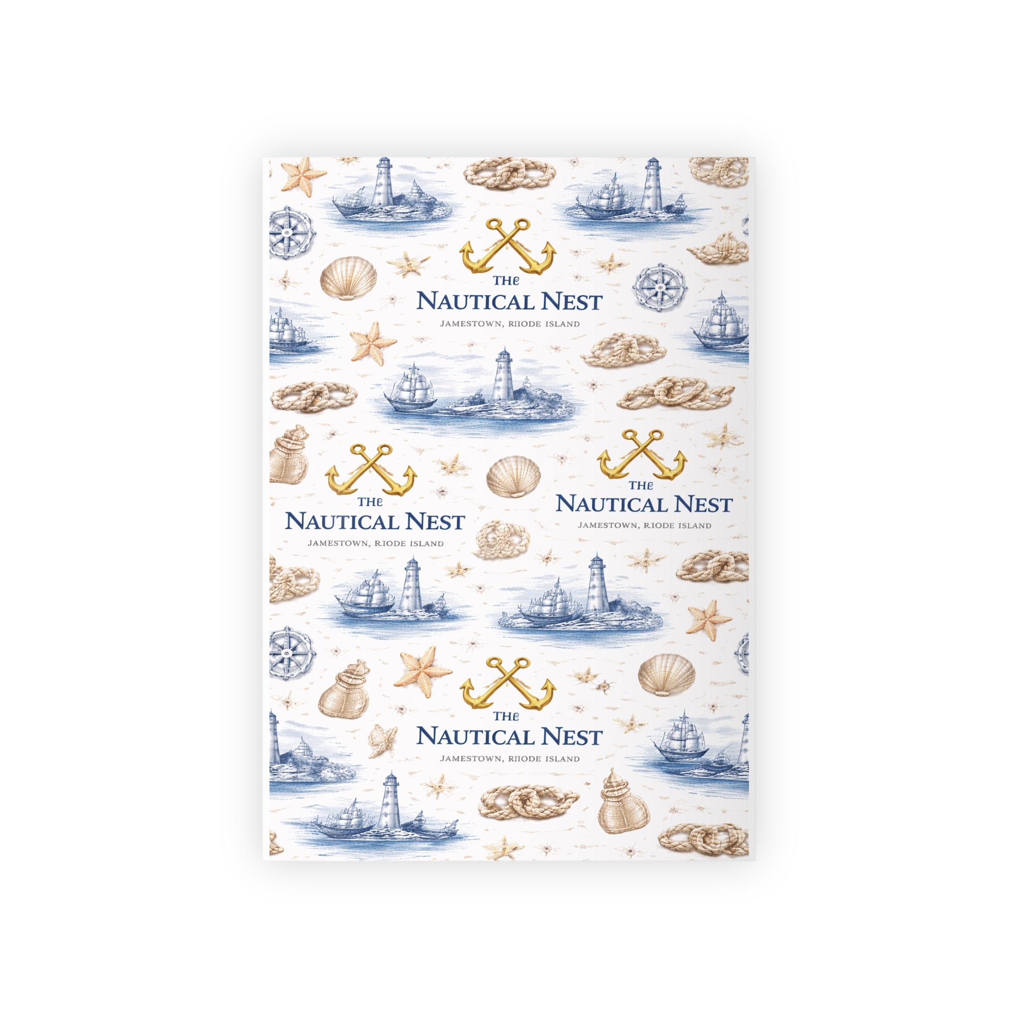 Nautical Gift Wrap Roll — Lighthouse & Seashell Wrapping Paper