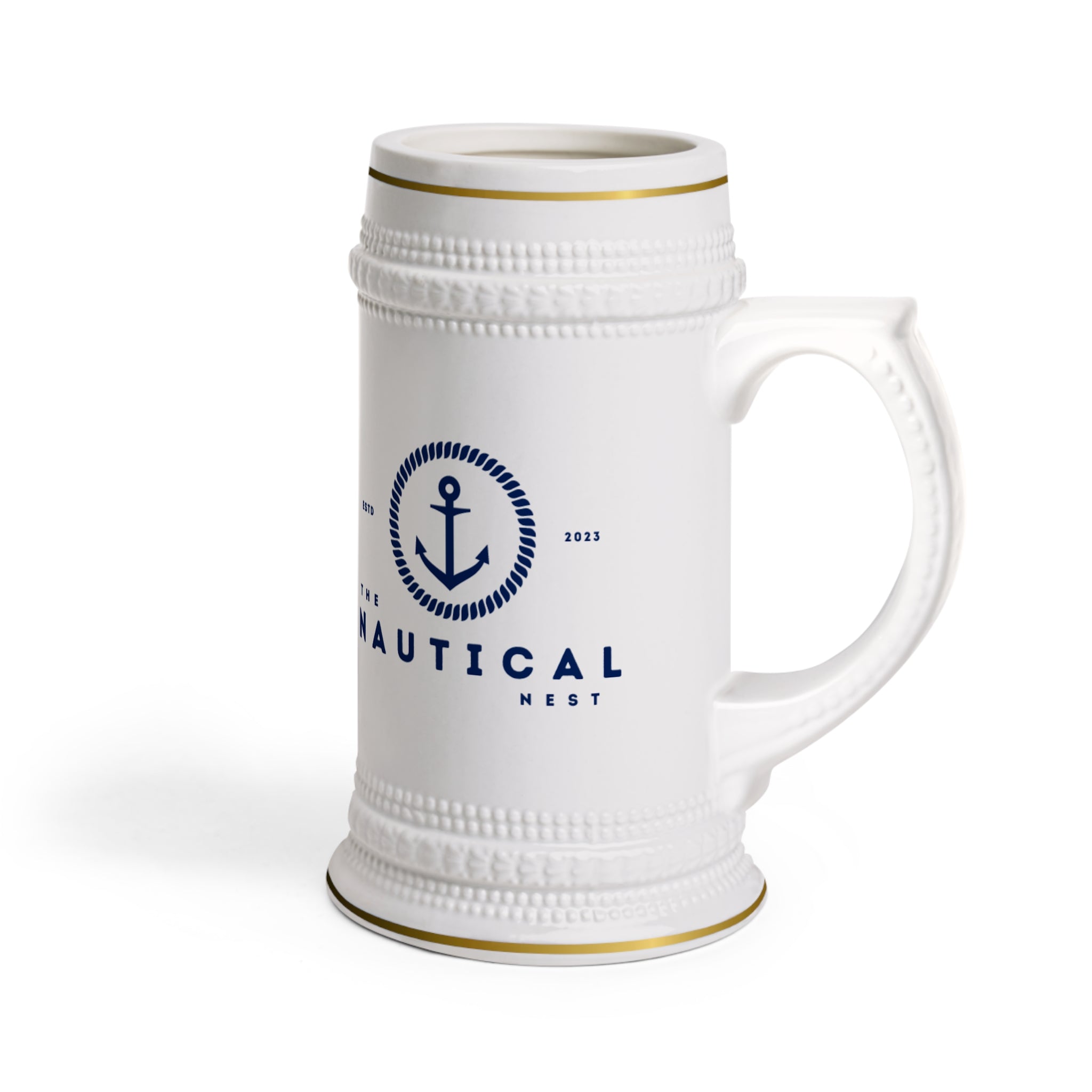 Nautical Lighthouse Beer Stein Mug — 'Anchored in Jamestown' Ceramic Pint