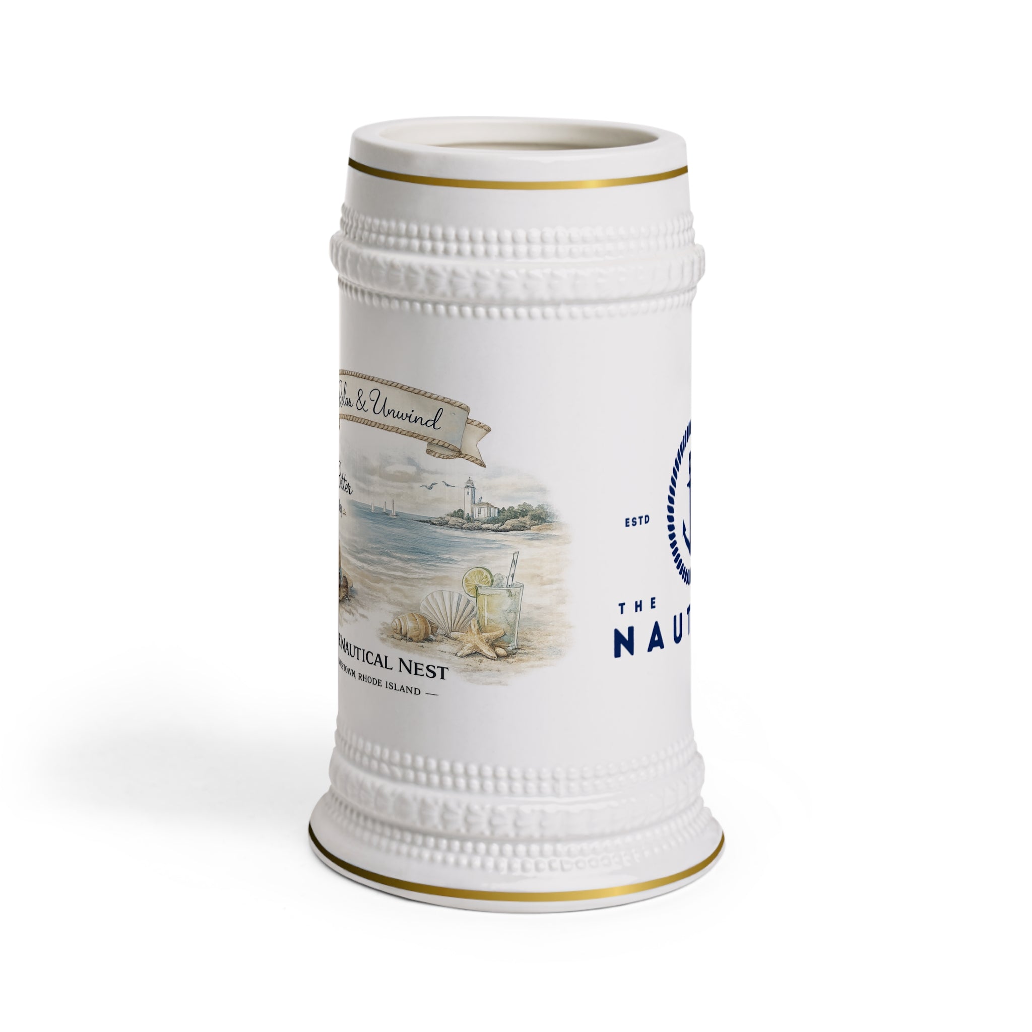 Nautical Beer Stein Mug – “Life is Better by the Bay” Coastal Ceramic Stein